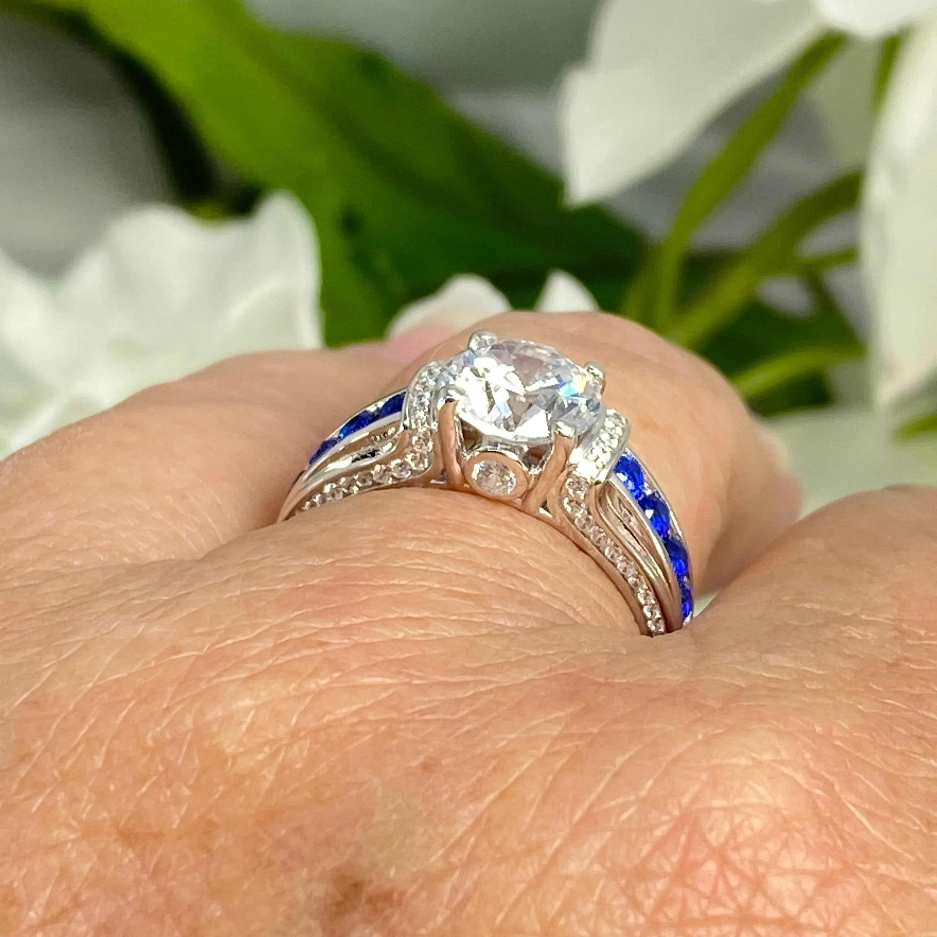 Art Deco Ring, Natural White Topaz or White CZ Gem with Inlaid Blue Sapphire Gems, Vintage style Jewelry #D220