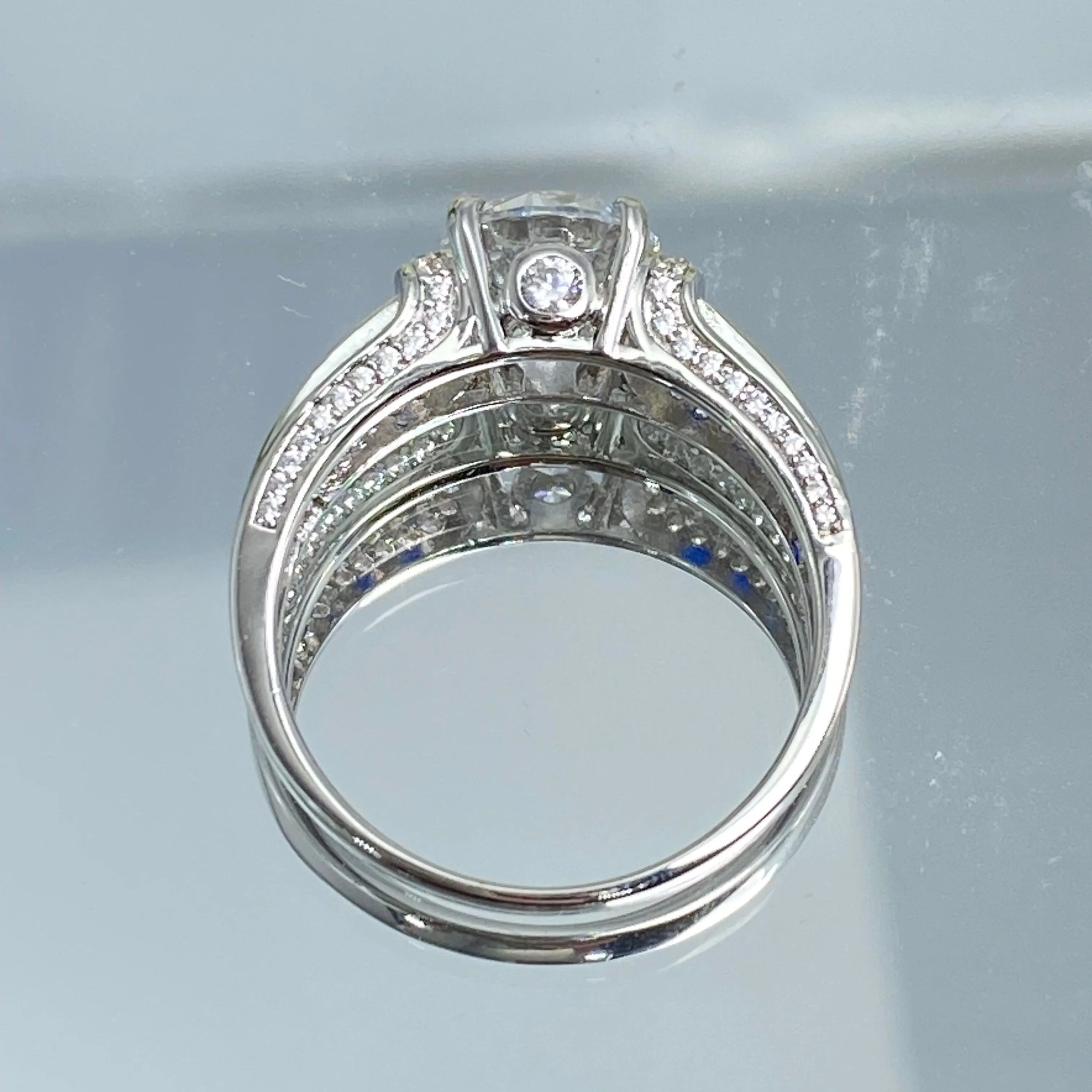 Art Deco Ring, Natural White Topaz or White CZ Gem with Inlaid Blue Sapphire Gems, Vintage style Jewelry #D220