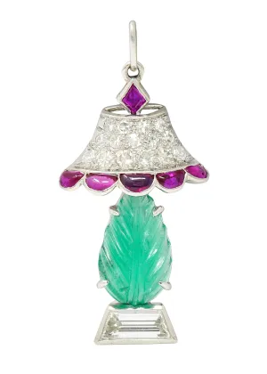Art Deco Ruby Diamond Mughal Emerald Platinum Lamp Charm