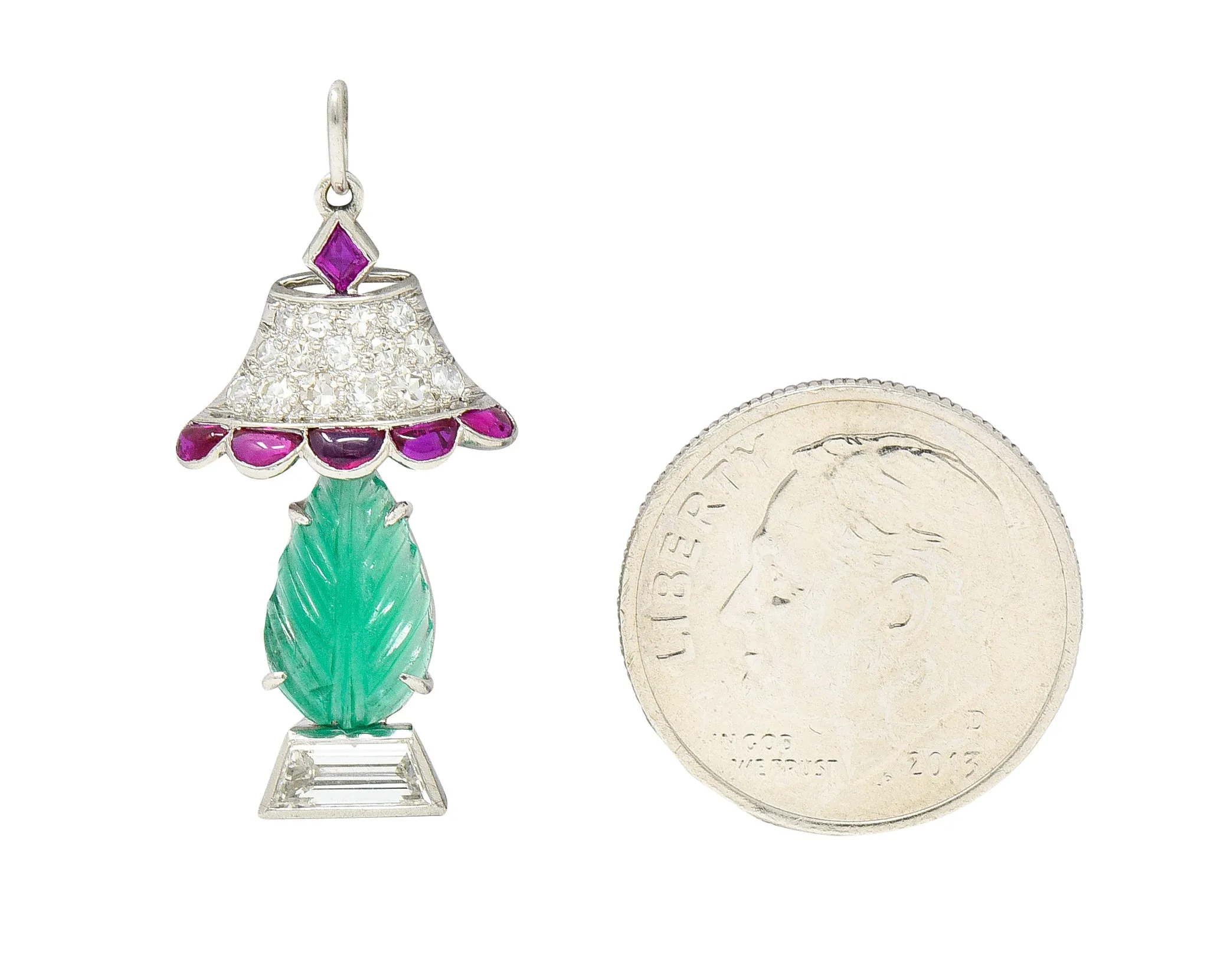 Art Deco Ruby Diamond Mughal Emerald Platinum Lamp Charm