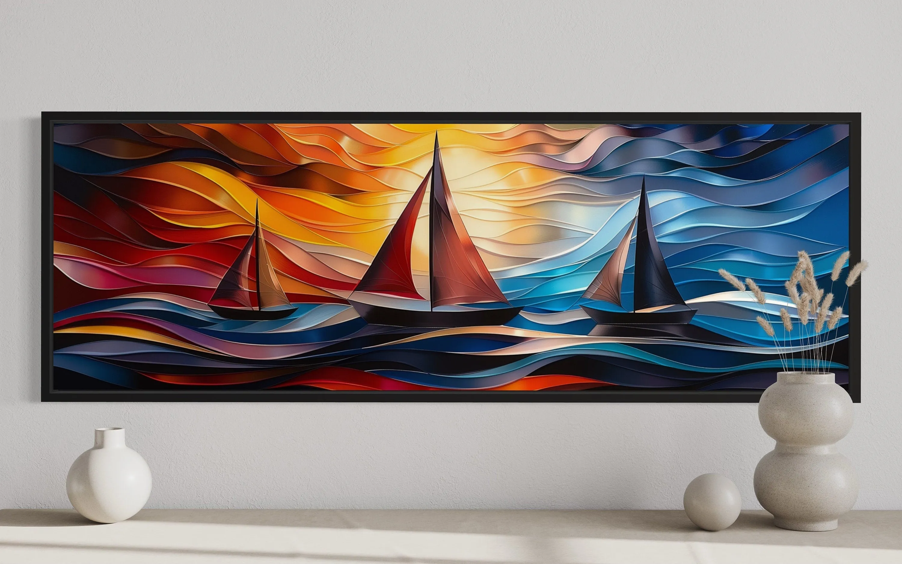 Art Deco Sail Boats Panoramic Framed Canvas Wall Art