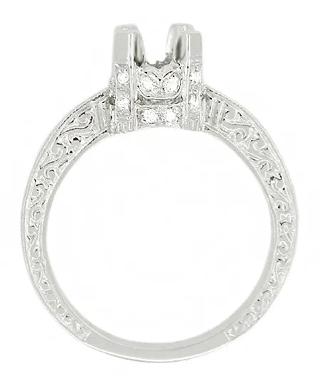 Art Deco Scroll Engraved 1 Carat Diamond Knife Edge Crown Engagement Ring Setting in 18 Karat White Gold