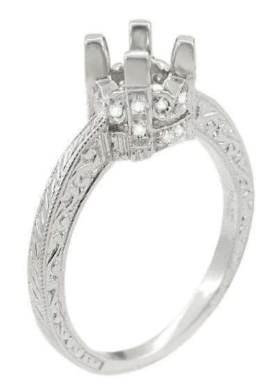 Art Deco Scroll Engraved 1 Carat Diamond Knife Edge Crown Engagement Ring Setting in 18 Karat White Gold