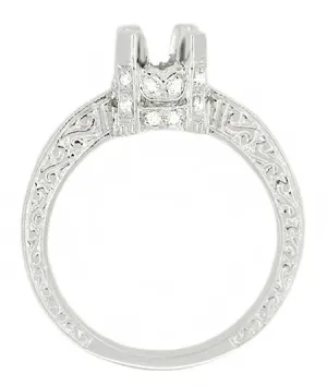 Art Deco Scroll Engraved 1 Carat Diamond Knife Edge Crown Engagement Ring Setting in 18 Karat White Gold