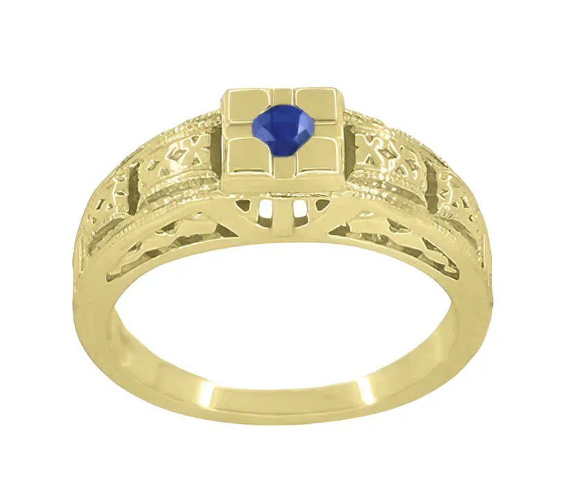 Art Deco Square Top Filigree Engraved Blue Sapphire Ring in 14 Karat Yellow Gold