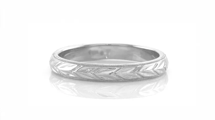 Art Deco Vine of Maile Leaves Sculptural Wedding Band in White Gold - 3mm Wide