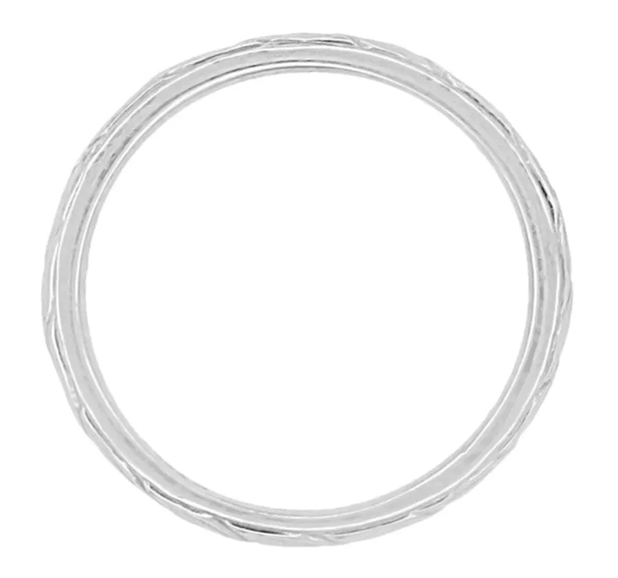 Art Deco Vine of Maile Leaves Sculptural Wedding Band in White Gold - 3mm Wide