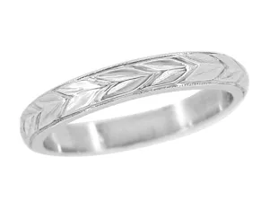 Art Deco Vine of Maile Leaves Sculptural Wedding Band in White Gold - 3mm Wide