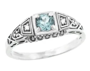 Art Deco Vintage Style Filigree Sky Blue Topaz Promise Ring with Side Diamonds in Sterling Silver