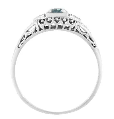 Art Deco Vintage Style Filigree Sky Blue Topaz Promise Ring with Side Diamonds in Sterling Silver
