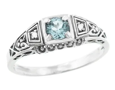 Art Deco Vintage Style Filigree Sky Blue Topaz Promise Ring with Side Diamonds in Sterling Silver
