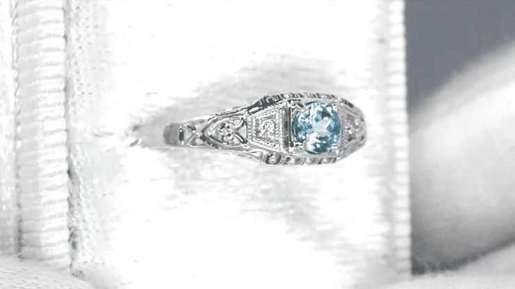 Art Deco Vintage Style Filigree Sky Blue Topaz Promise Ring with Side Diamonds in Sterling Silver