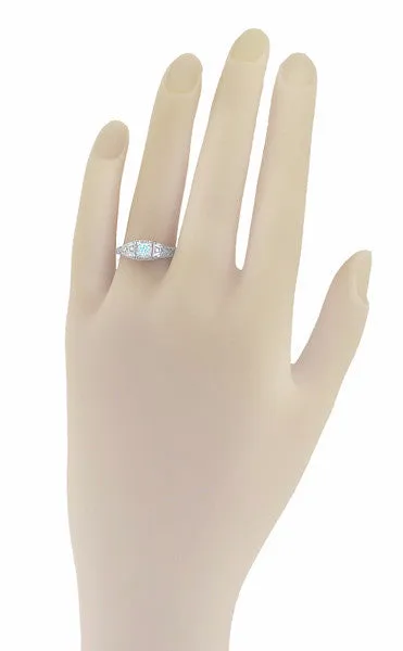 Art Deco Vintage Style Filigree Sky Blue Topaz Promise Ring with Side Diamonds in Sterling Silver