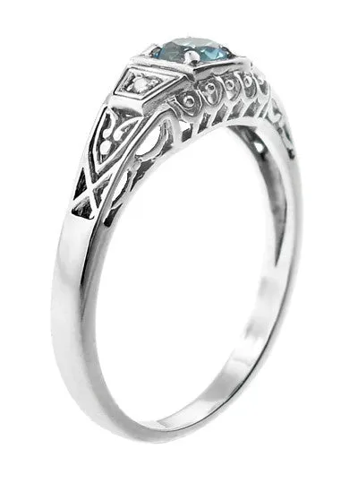 Art Deco Vintage Style Filigree Sky Blue Topaz Promise Ring with Side Diamonds in Sterling Silver