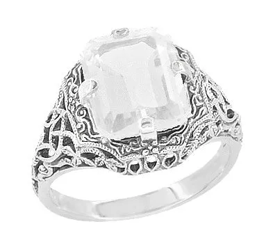 Art Deco White Topaz Filigree Ring in Sterling Silver