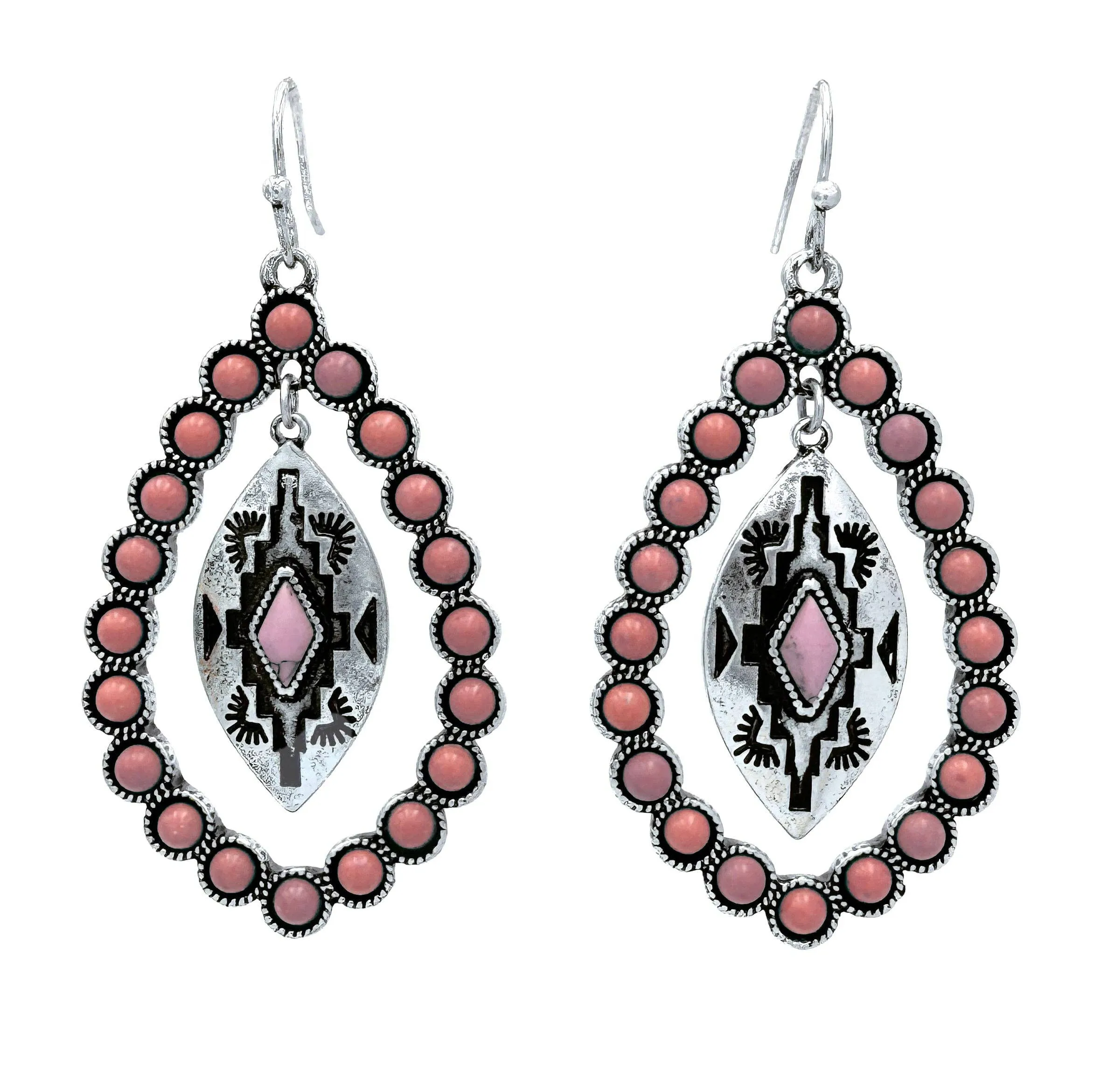 Aztec Pendant Turquoise Teardrop Ring Earrings: Pink