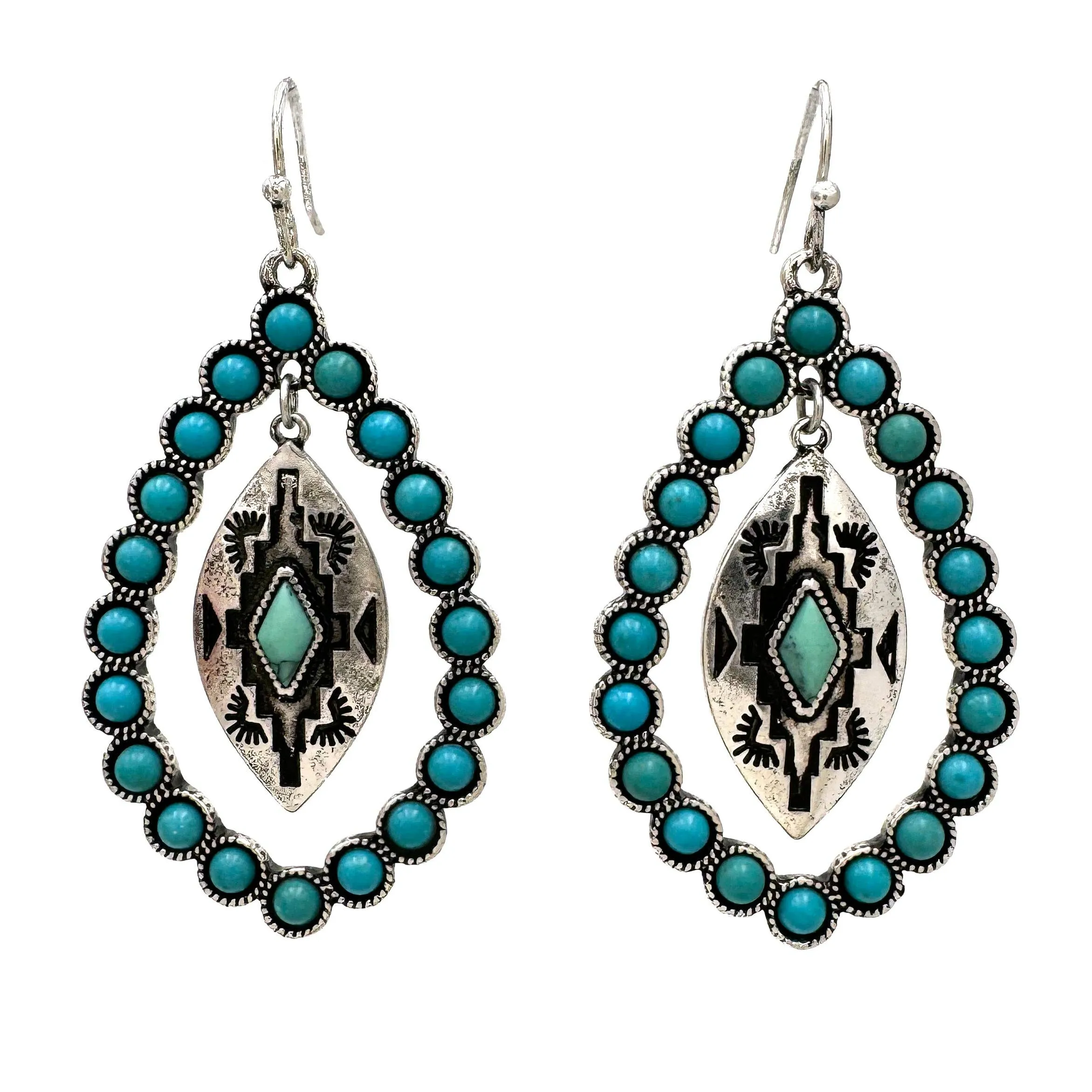 Aztec Pendant Turquoise Teardrop Ring Earrings: Pink
