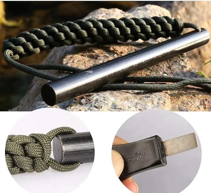bayite 1/2 x 6 Inch Survival Drilled Flint Steel Fire Starter Ferrocerium Rod Kit with Striker-Pro Striker Paracord Landyard Handle Large