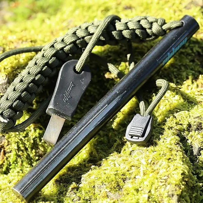 bayite 1/2 x 6 Inch Survival Drilled Flint Steel Fire Starter Ferrocerium Rod Kit with Striker-Pro Striker Paracord Landyard Handle Large