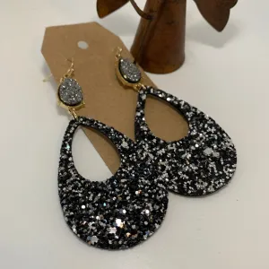 Black and silver glitter teardrop shaped earrings