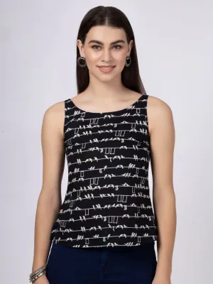 Black Bird Printed Sleeveless Top with Back Button-Down Placket