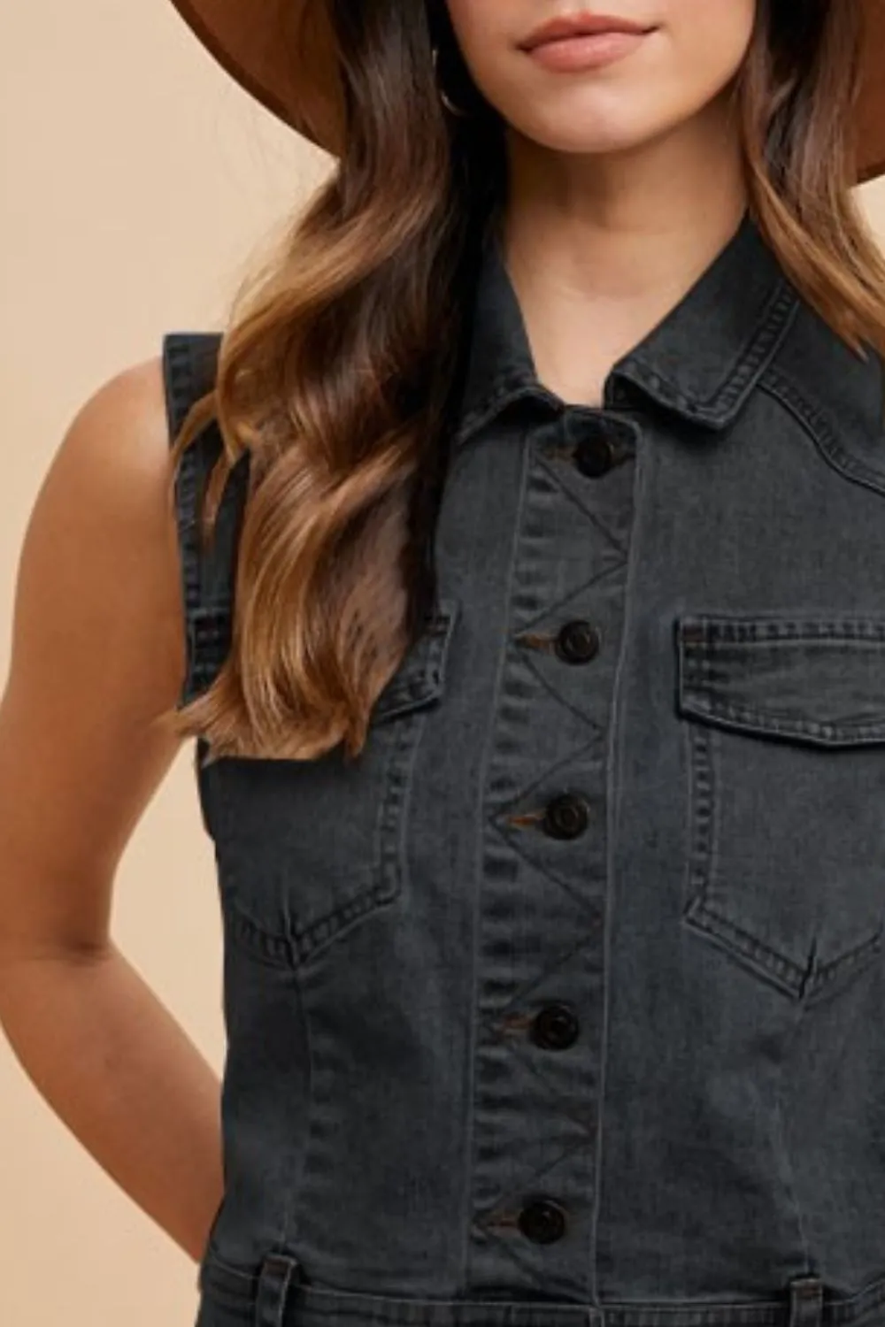Black Collared Neck Button Down Denim Vest