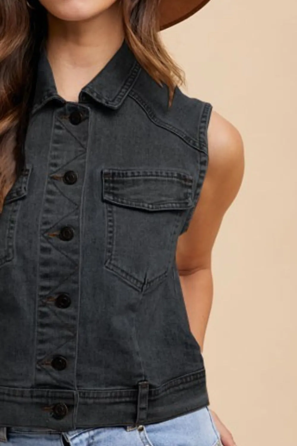 Black Collared Neck Button Down Denim Vest