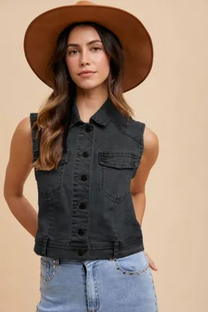 Black Collared Neck Button Down Denim Vest