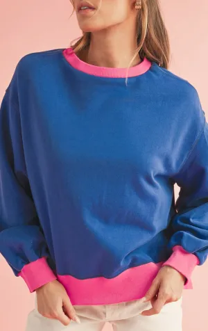 Blue Contrast Trim Bubble Sleeve Sweatshirt