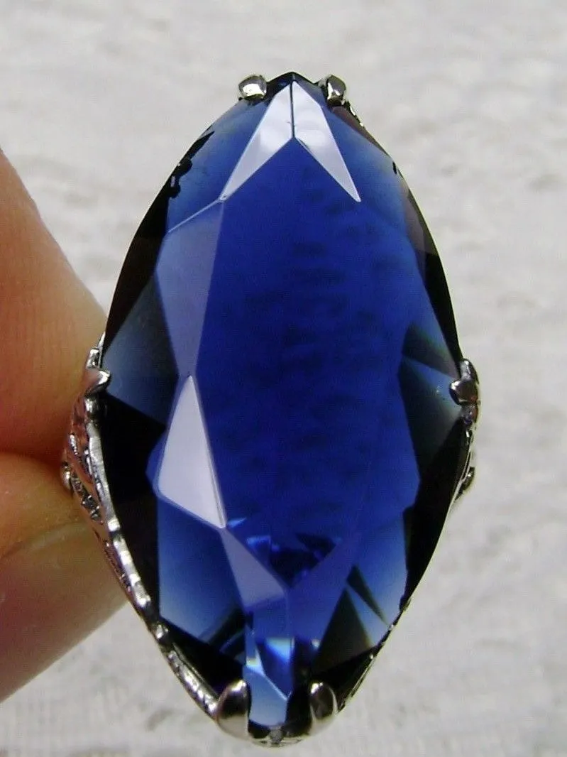 Blue Sapphire Ring, Marquise Cut Gemstone, Victorian Filigree Jewelry #D75