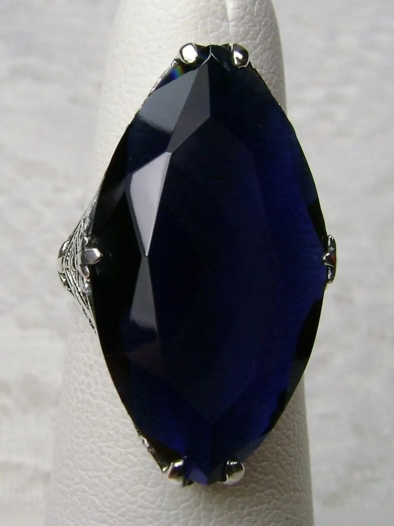 Blue Sapphire Ring, Marquise Cut Gemstone, Victorian Filigree Jewelry #D75