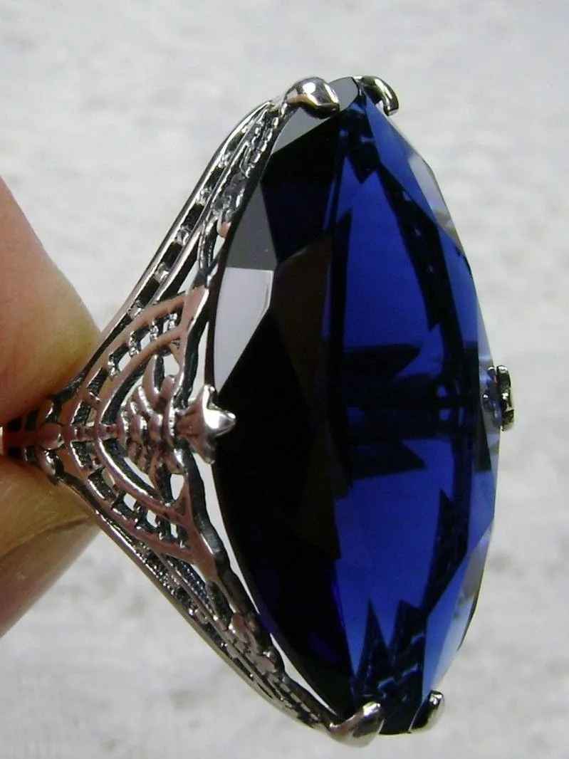 Blue Sapphire Ring, Marquise Cut Gemstone, Victorian Filigree Jewelry #D75