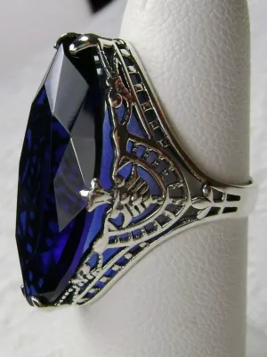 Blue Sapphire Ring, Marquise Cut Gemstone, Victorian Filigree Jewelry #D75