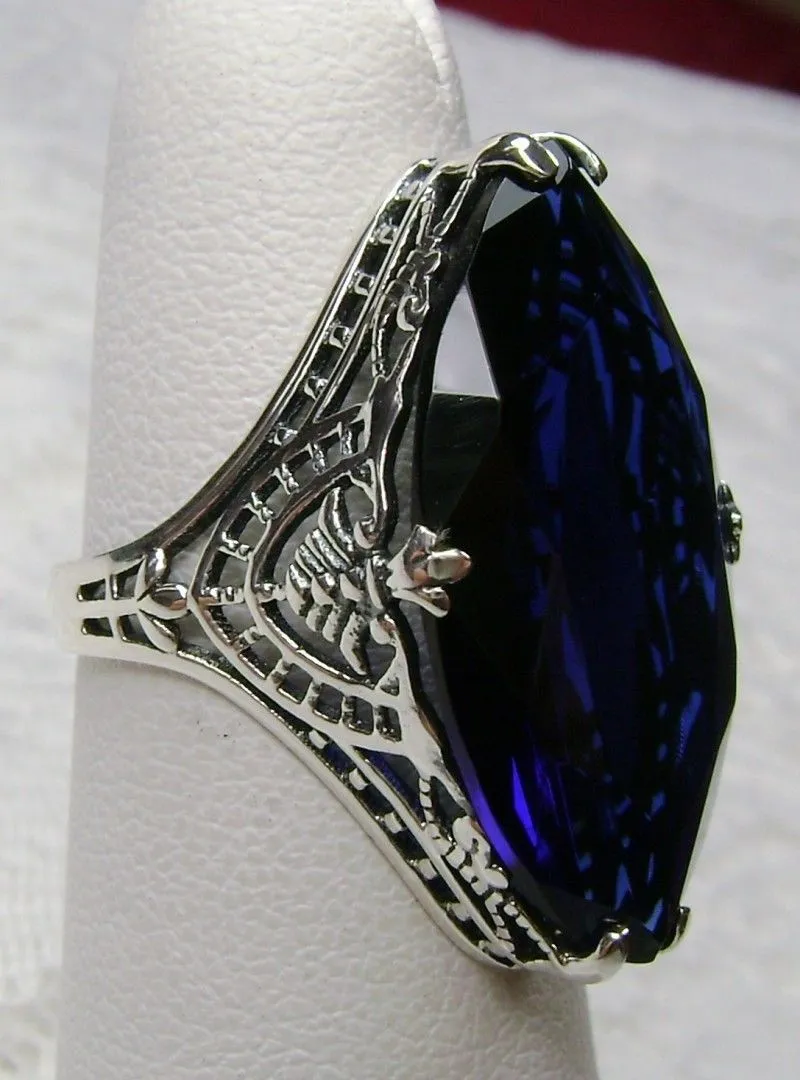 Blue Sapphire Ring, Marquise Cut Gemstone, Victorian Filigree Jewelry #D75