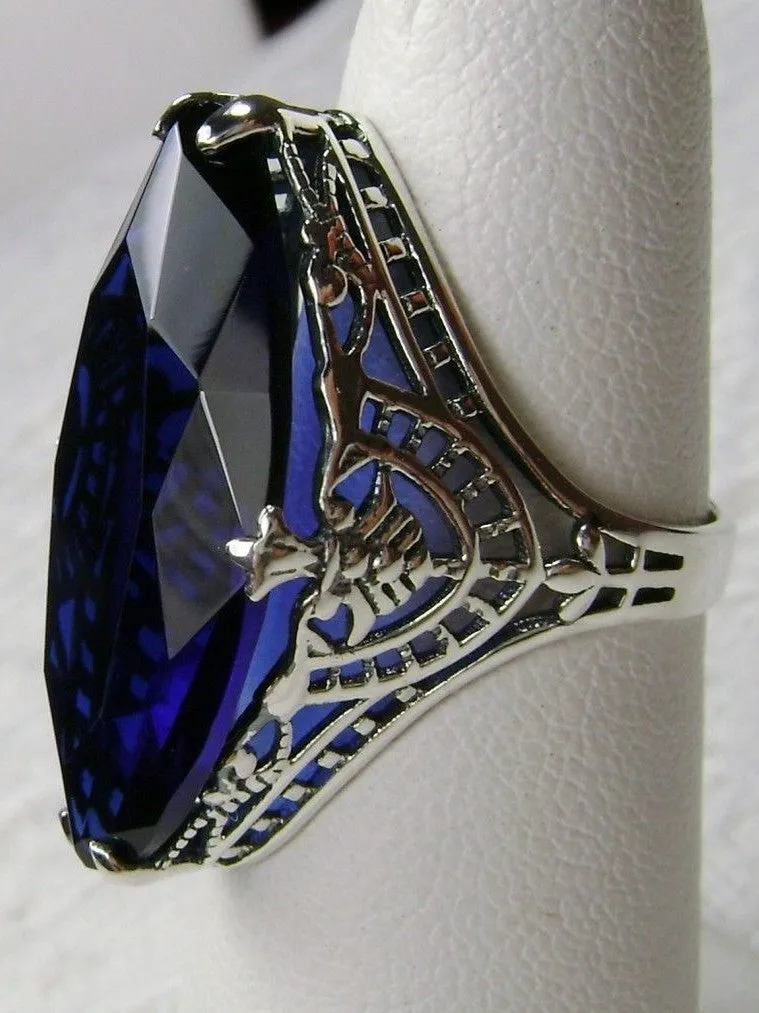 Blue Sapphire Ring, Marquise Cut Gemstone, Victorian Filigree Jewelry #D75