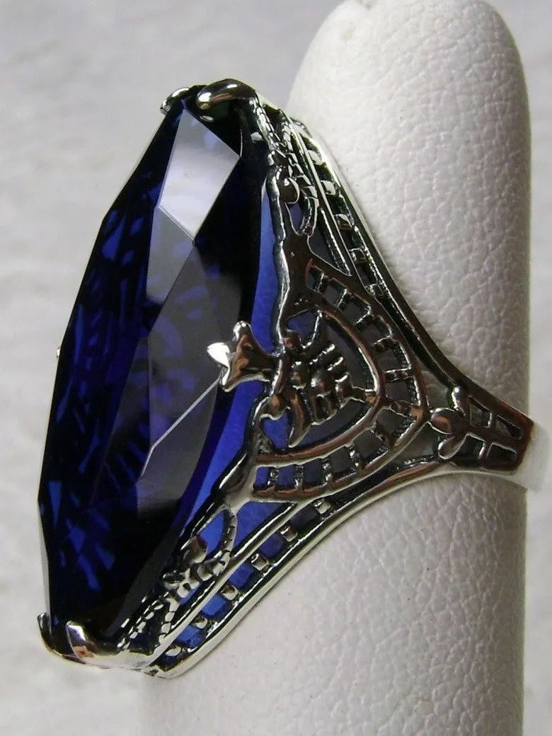 Blue Sapphire Ring, Marquise Cut Gemstone, Victorian Filigree Jewelry #D75