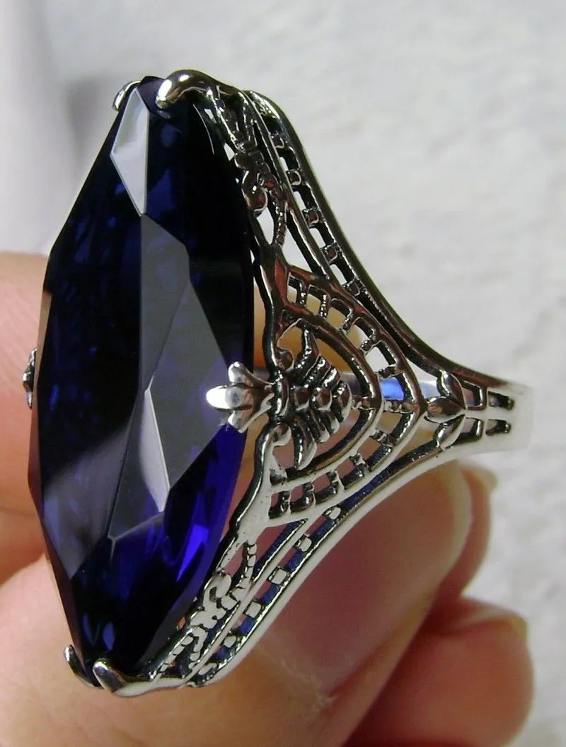 Blue Sapphire Ring, Marquise Cut Gemstone, Victorian Filigree Jewelry #D75