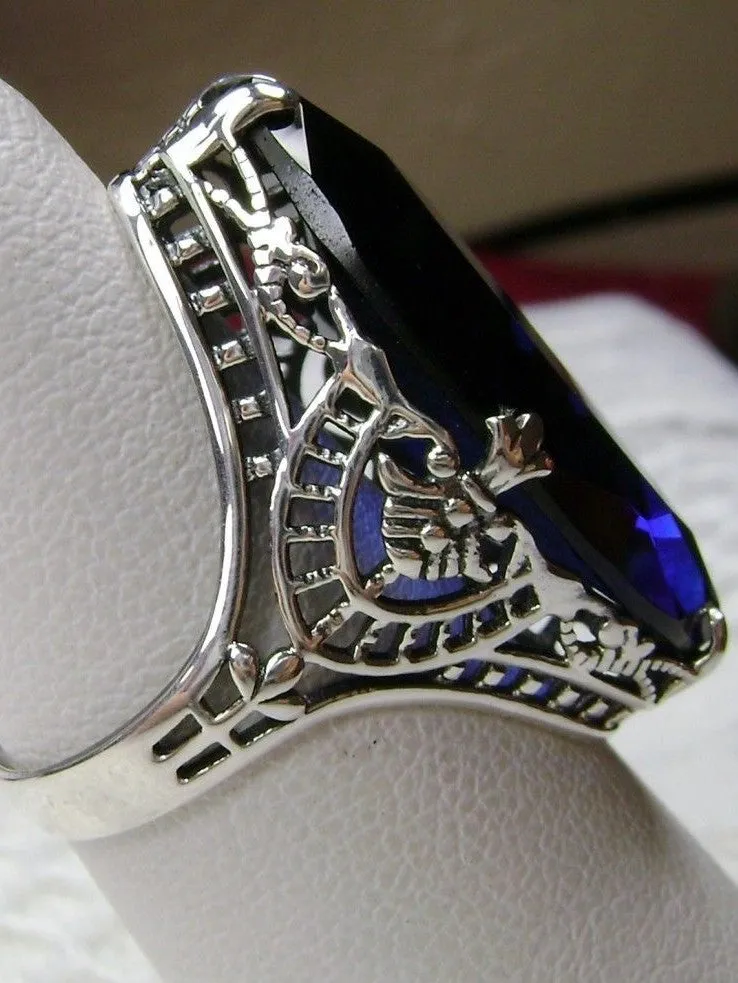 Blue Sapphire Ring, Marquise Cut Gemstone, Victorian Filigree Jewelry #D75