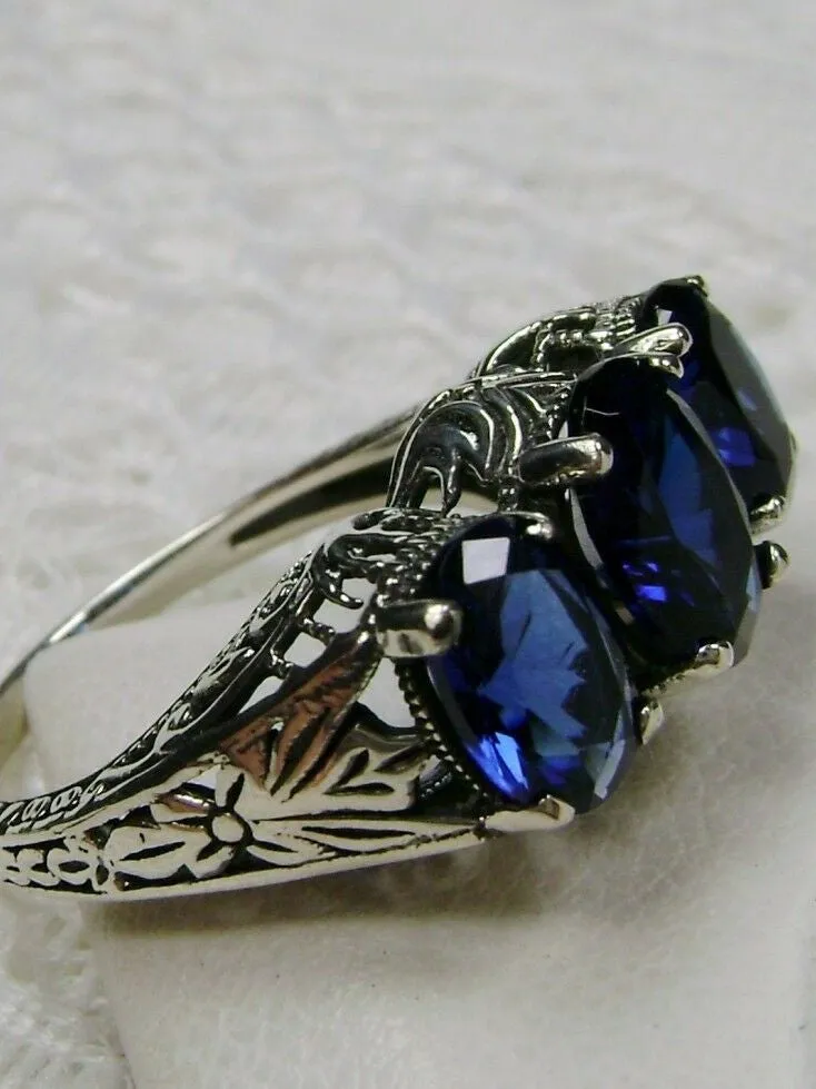 Blue Sapphire Ring, Triple Gems, Size 9, Art Deco Jewelry Design#D41 - Ready to Ship