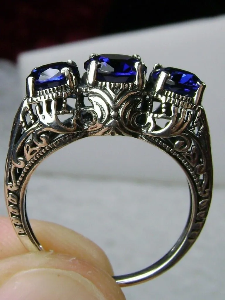 Blue Sapphire Ring, Triple Gems, Size 9, Art Deco Jewelry Design#D41 - Ready to Ship