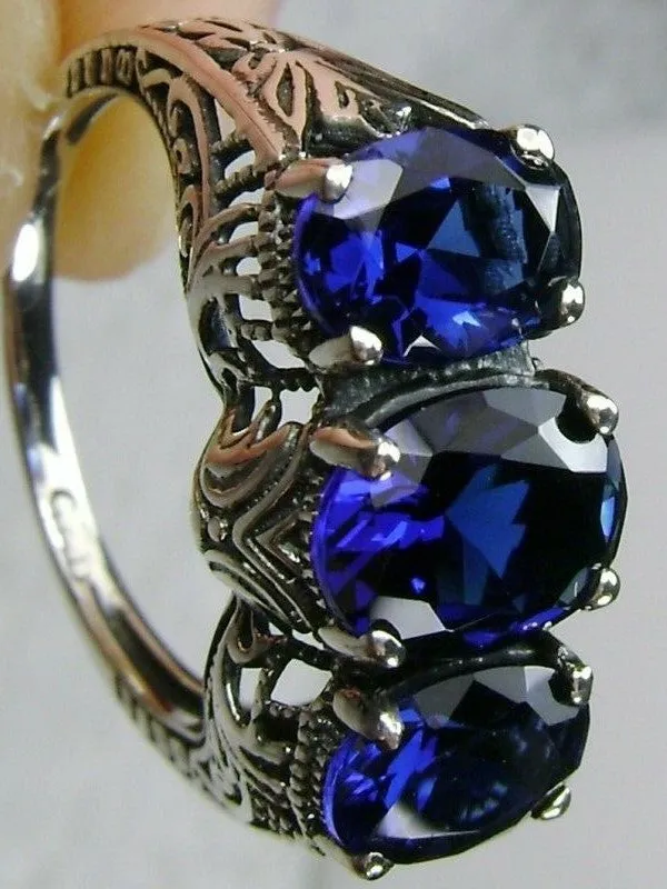 Blue Sapphire Ring, Triple Gems, Size 9, Art Deco Jewelry Design#D41 - Ready to Ship