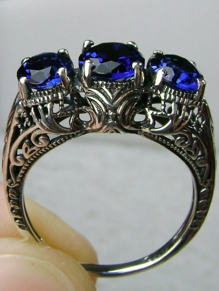 Blue Sapphire Ring, Triple Gems, Size 9, Art Deco Jewelry Design#D41 - Ready to Ship