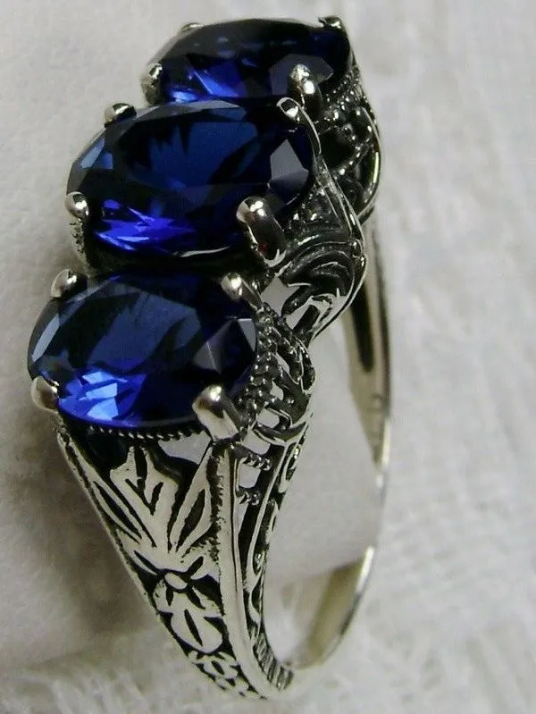 Blue Sapphire Ring, Triple Gems, Size 9, Art Deco Jewelry Design#D41 - Ready to Ship