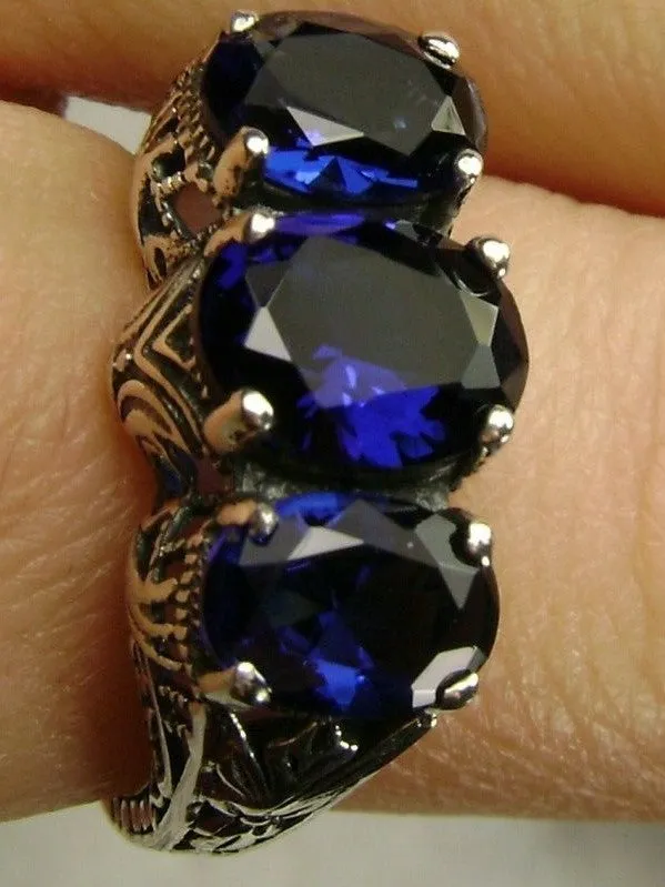 Blue Sapphire Ring, Triple Gems, Size 9, Art Deco Jewelry Design#D41 - Ready to Ship