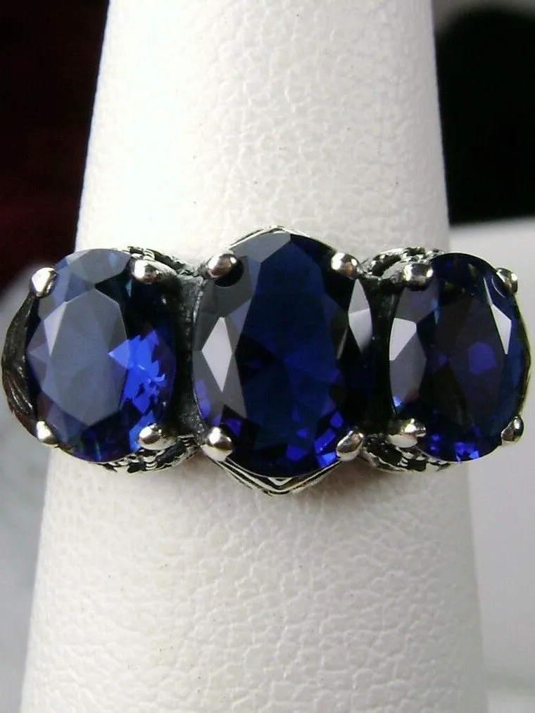 Blue Sapphire Ring, Triple Gems, Size 9, Art Deco Jewelry Design#D41 - Ready to Ship