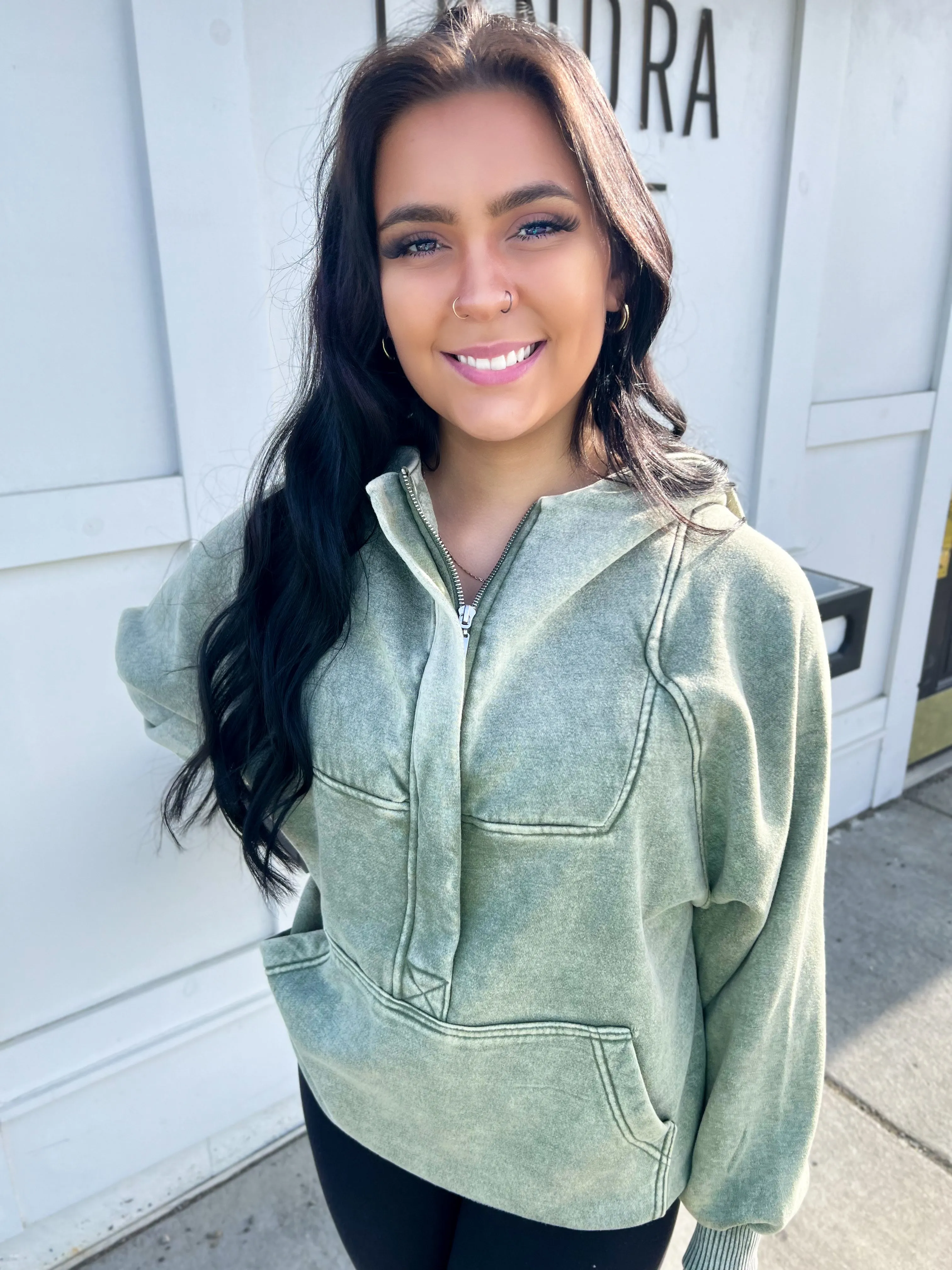 Casual Charm Oversize Kangaroo Hoodie- Lt Olive