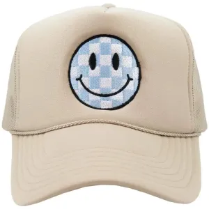 Checkered Smiley Trucker Hat In Khaki