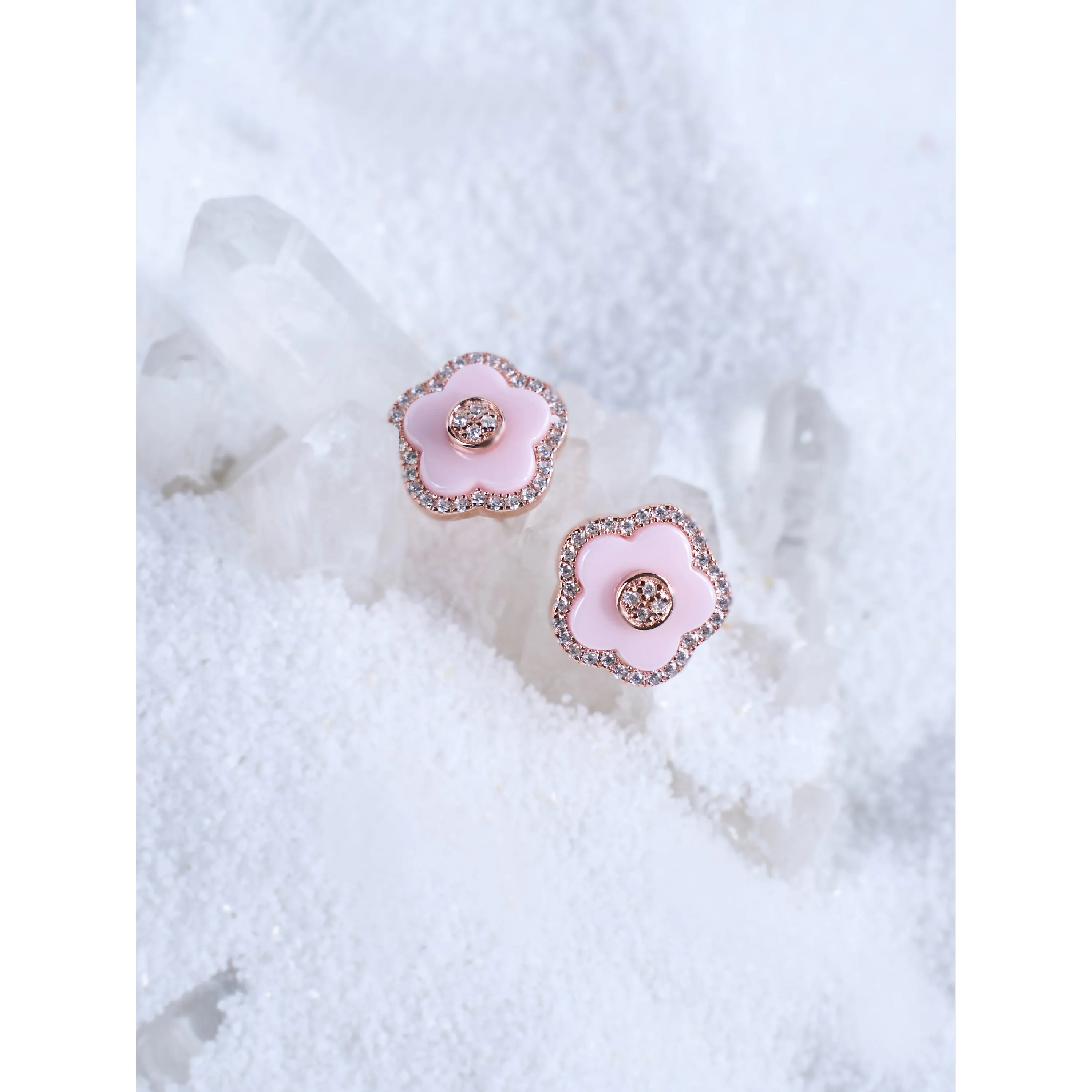 Classic Flower Stud Earrings Brass 18k Rosegold Plating & Pink Ceramic 13mm
