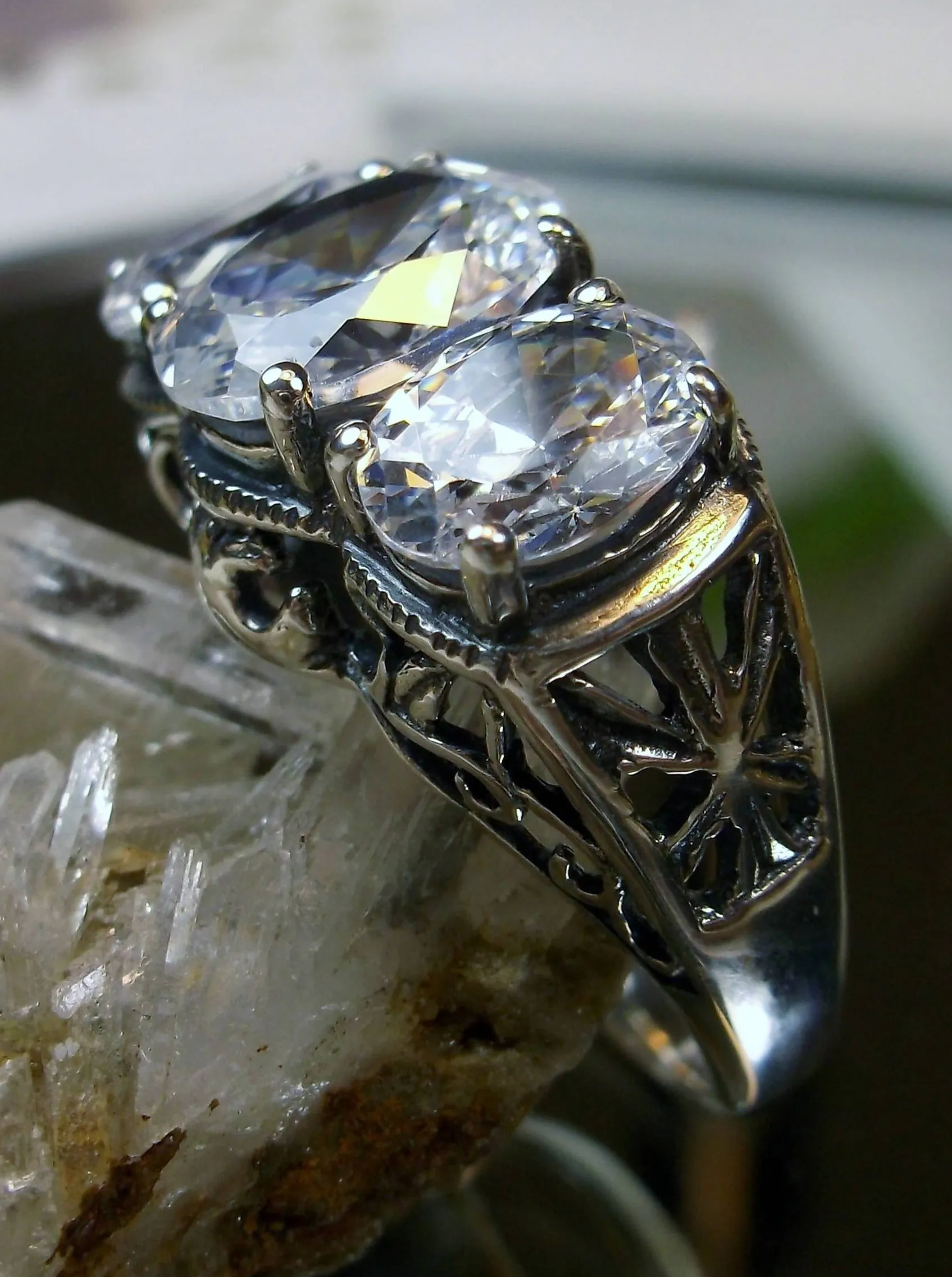Cocktail Ring, White CZ Gem, Art Deco Jewelry #D36