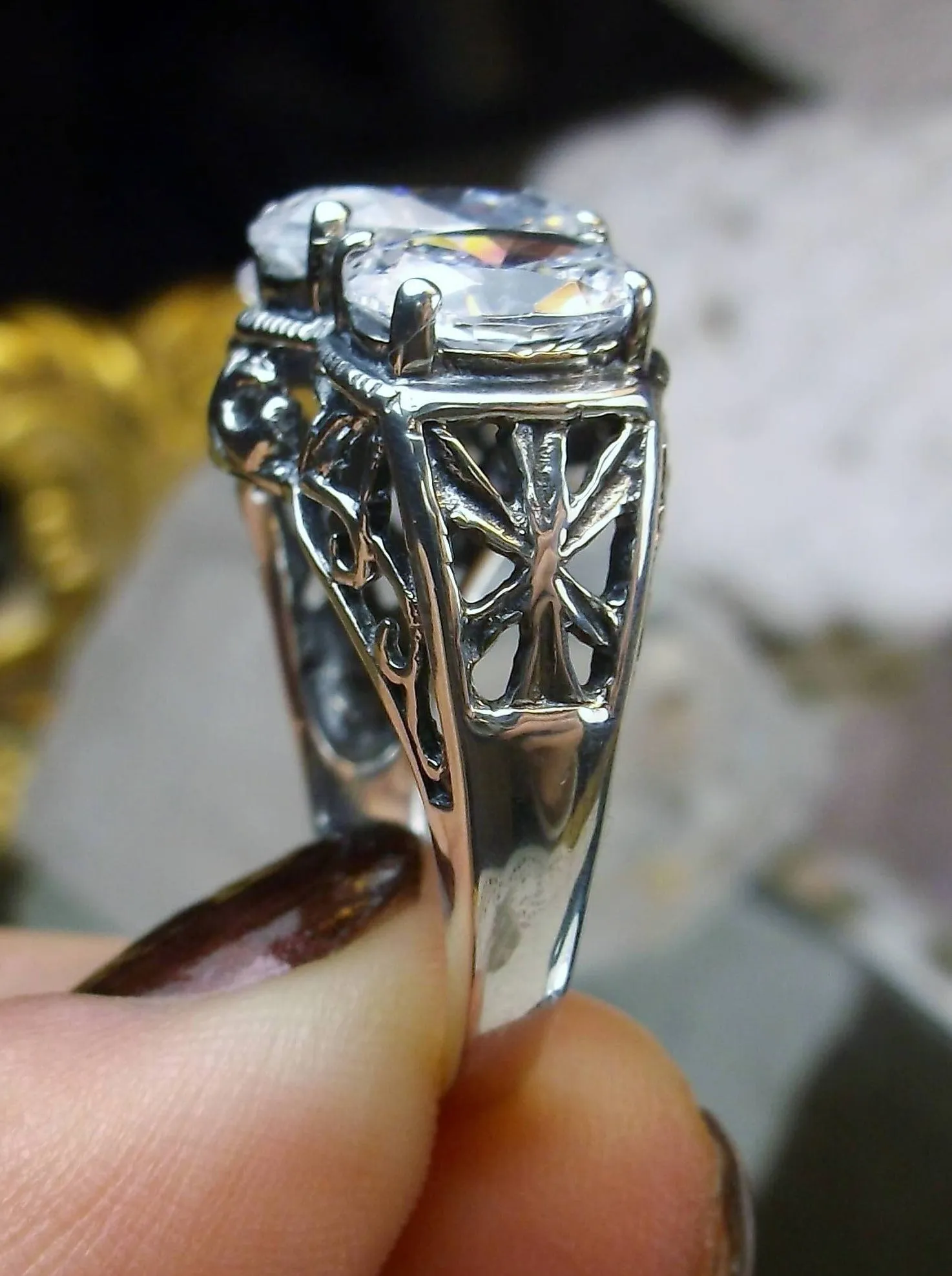 Cocktail Ring, White CZ Gem, Art Deco Jewelry #D36